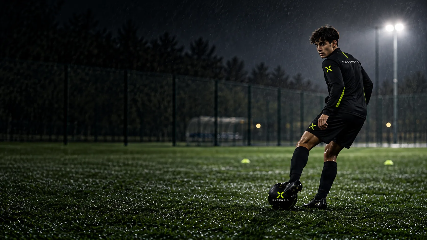 Football player in Excensia kit on a floodlit pitch